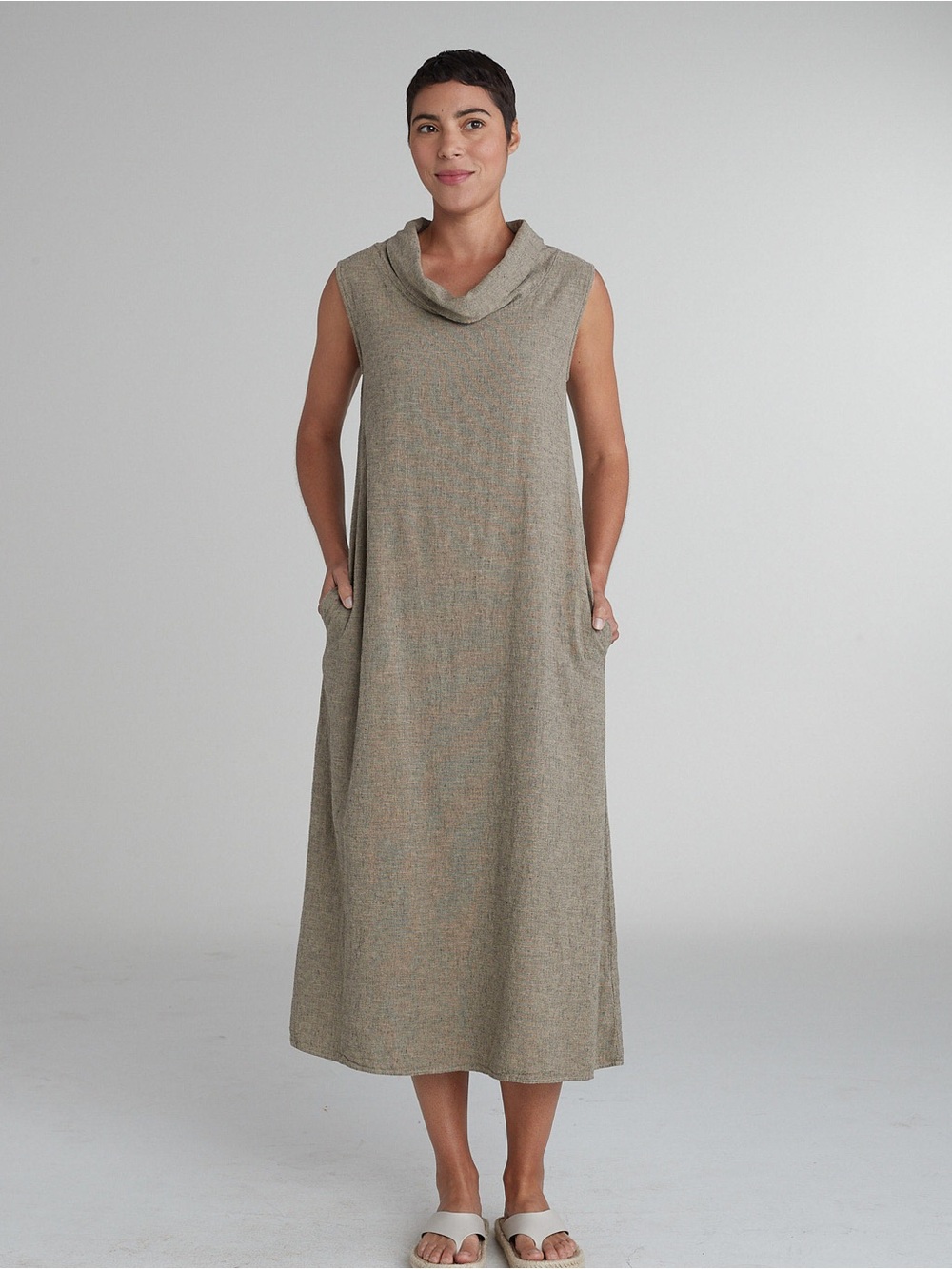 cut loose Linen Dress Sleeveless Cowl Neck Maxi in Cashew Flowy Lagenlook Small